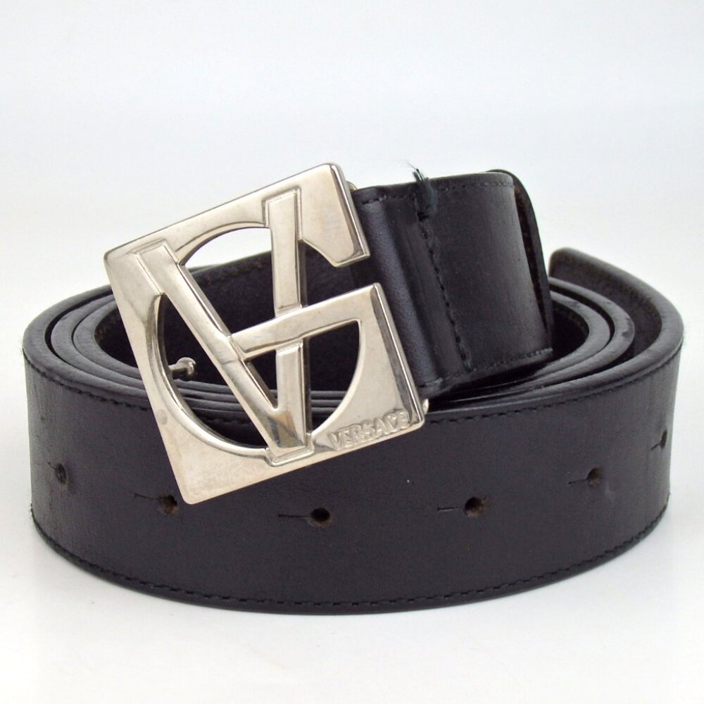 Versace Black Leather Belt with Silver Logo Buckle